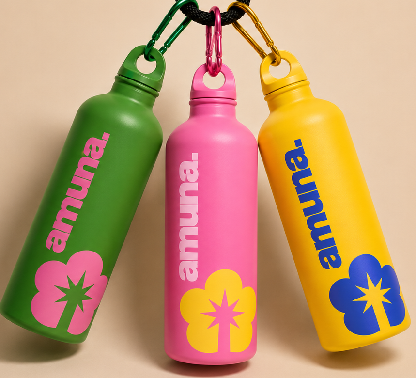 Botellas Amuna en verde, rosa y amarillo